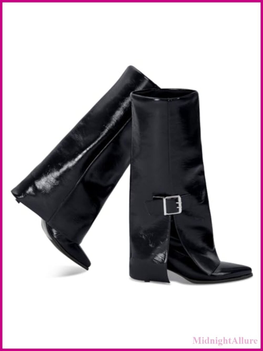Women's Faux Leather Knee High Boots Pointed Toe Kitten Heel Fold Over Shark